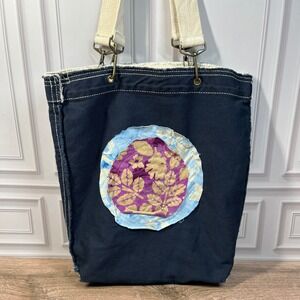 Authentic Pigment Canvas Tote Bag Women Large Navy Blue Boho Floral Applique